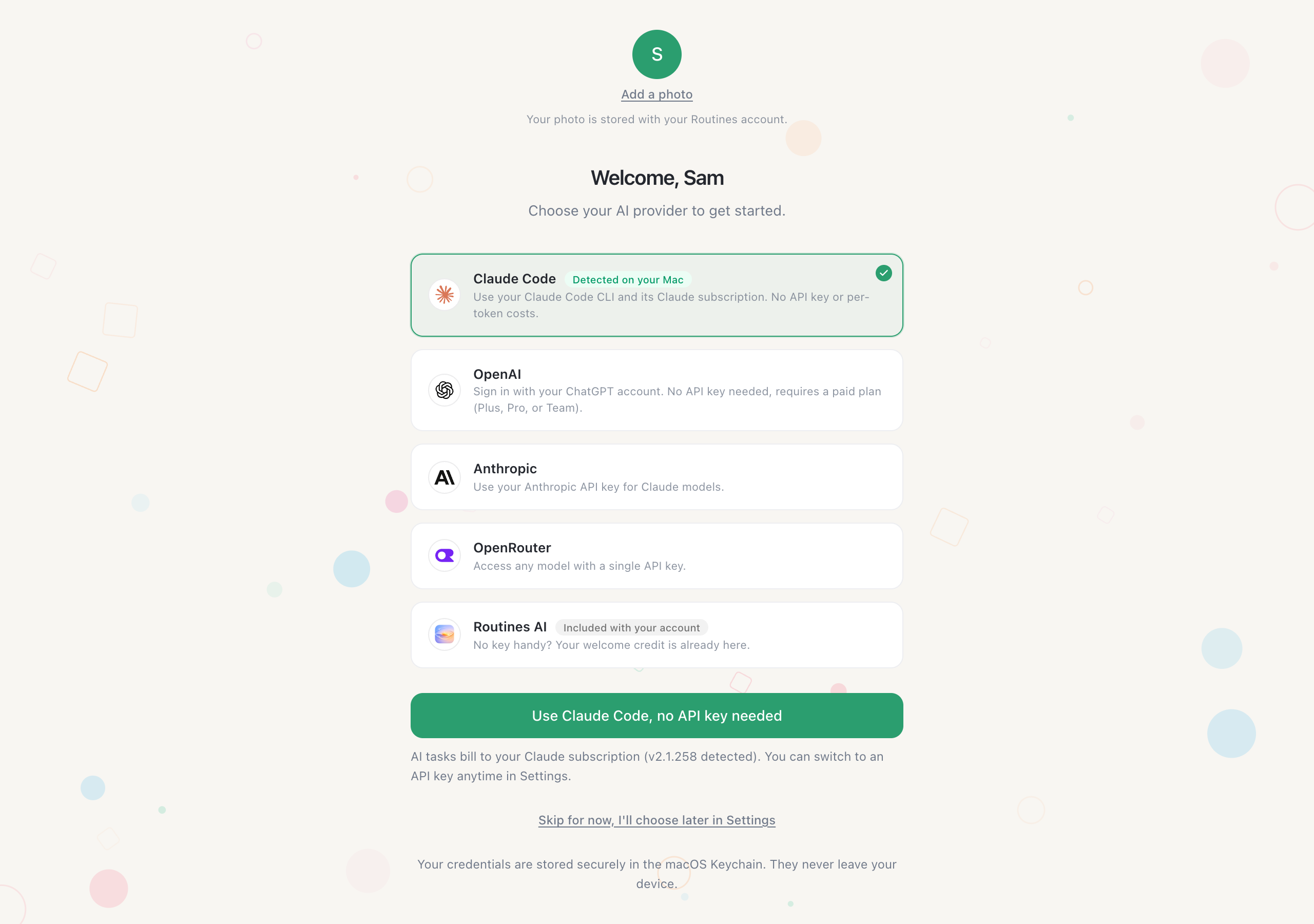 The Routines 1.5 first-run provider screen with five stacked cards: Claude Code selected and badged Detected on your Mac, above OpenAI, Anthropic, OpenRouter and Routines AI, and a green button reading Use Claude Code, no API key needed.