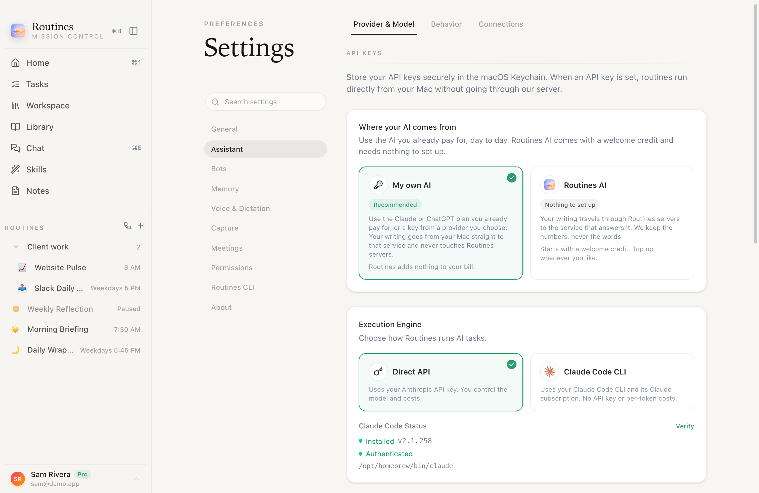 The Routines Settings card headed Where your AI comes from, with My own AI badged Recommended and selected, next to Routines AI badged Nothing to set up, and an Execution Engine choice between Direct API and Claude Code CLI underneath.