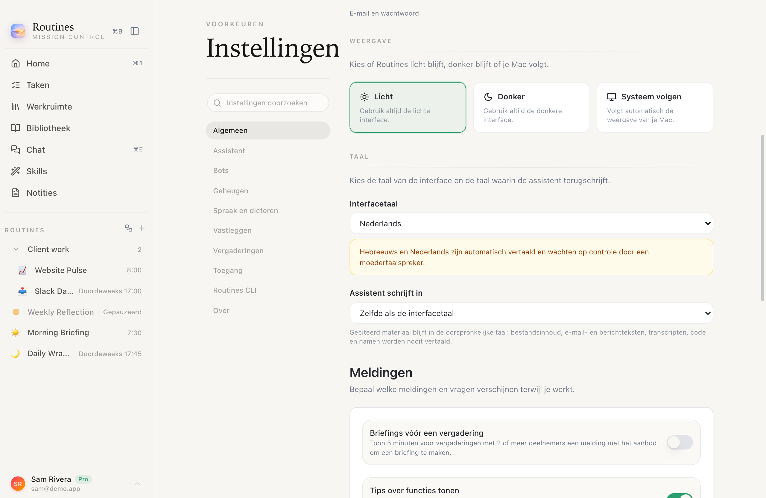 Routines Settings with the interface in Dutch, the Interfacetaal select reading Nederlands, and an amber notice saying Hebrew and Dutch are machine-translated and await a native speaker's review.