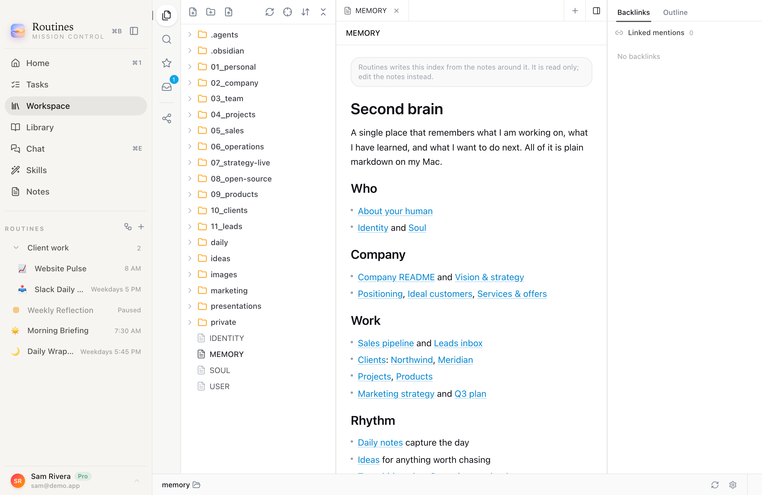 The Routines workspace explorer with a numbered folder tree on the left and the generated MEMORY.md index open in the middle, headed Second brain, with links to company, client and daily notes.