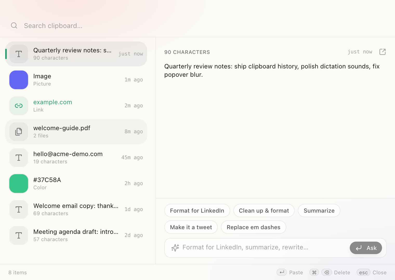 Routines clipboard history with the Ask AI panel open, showing one-tap quick actions: Format for LinkedIn, Clean up and format, Summarize, Make it a tweet, and Replace em dashes