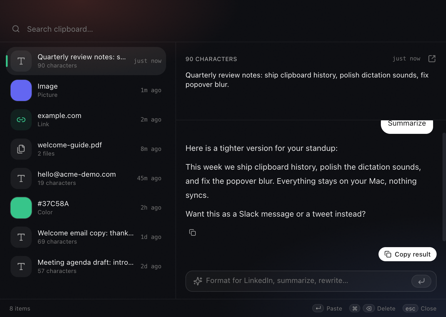Routines clipboard history showing an Ask AI answer that summarizes a copied note, with a Copy result button to paste it back