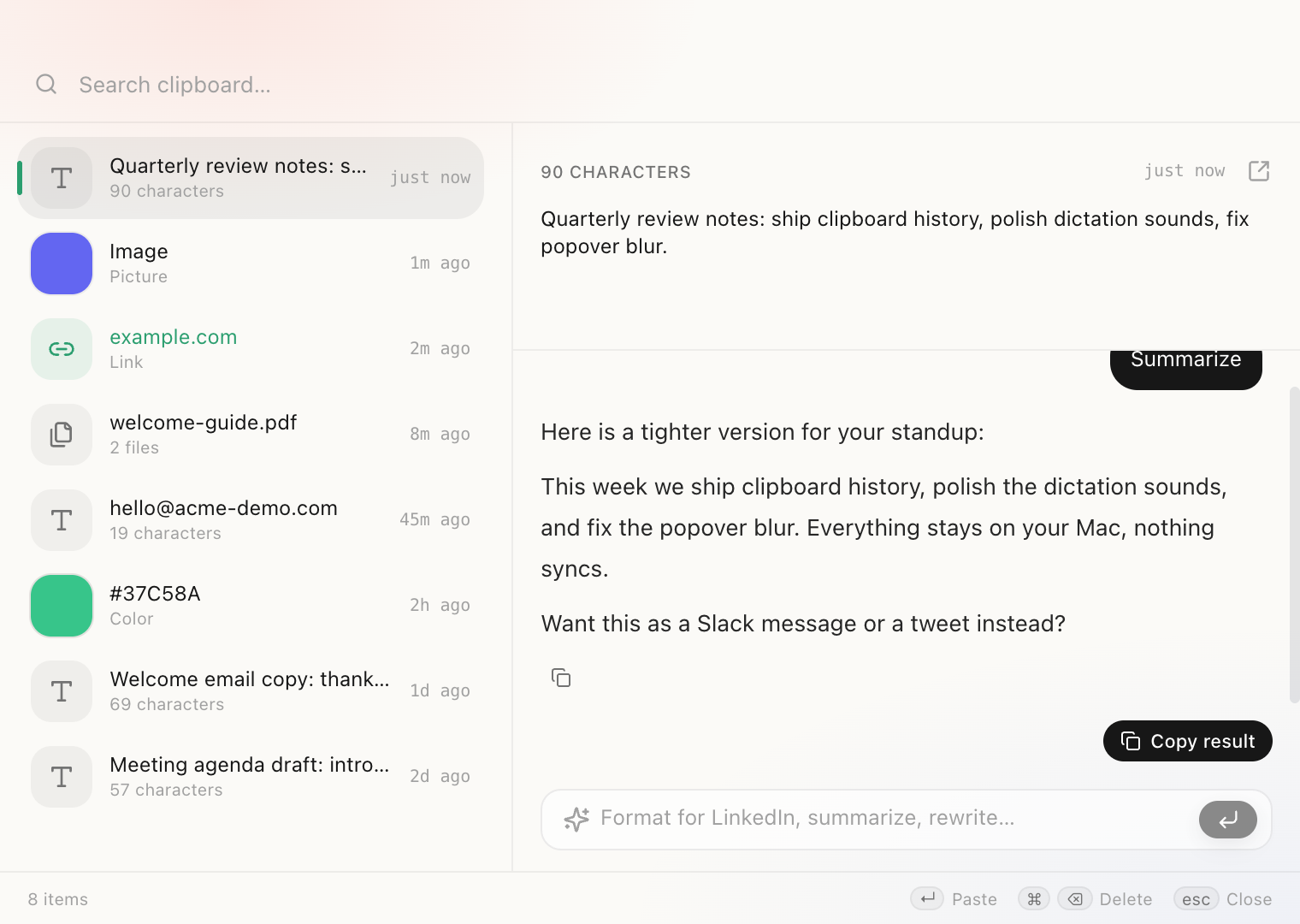 Routines clipboard history showing an Ask AI answer that summarizes a copied note, with a Copy result button to paste it back