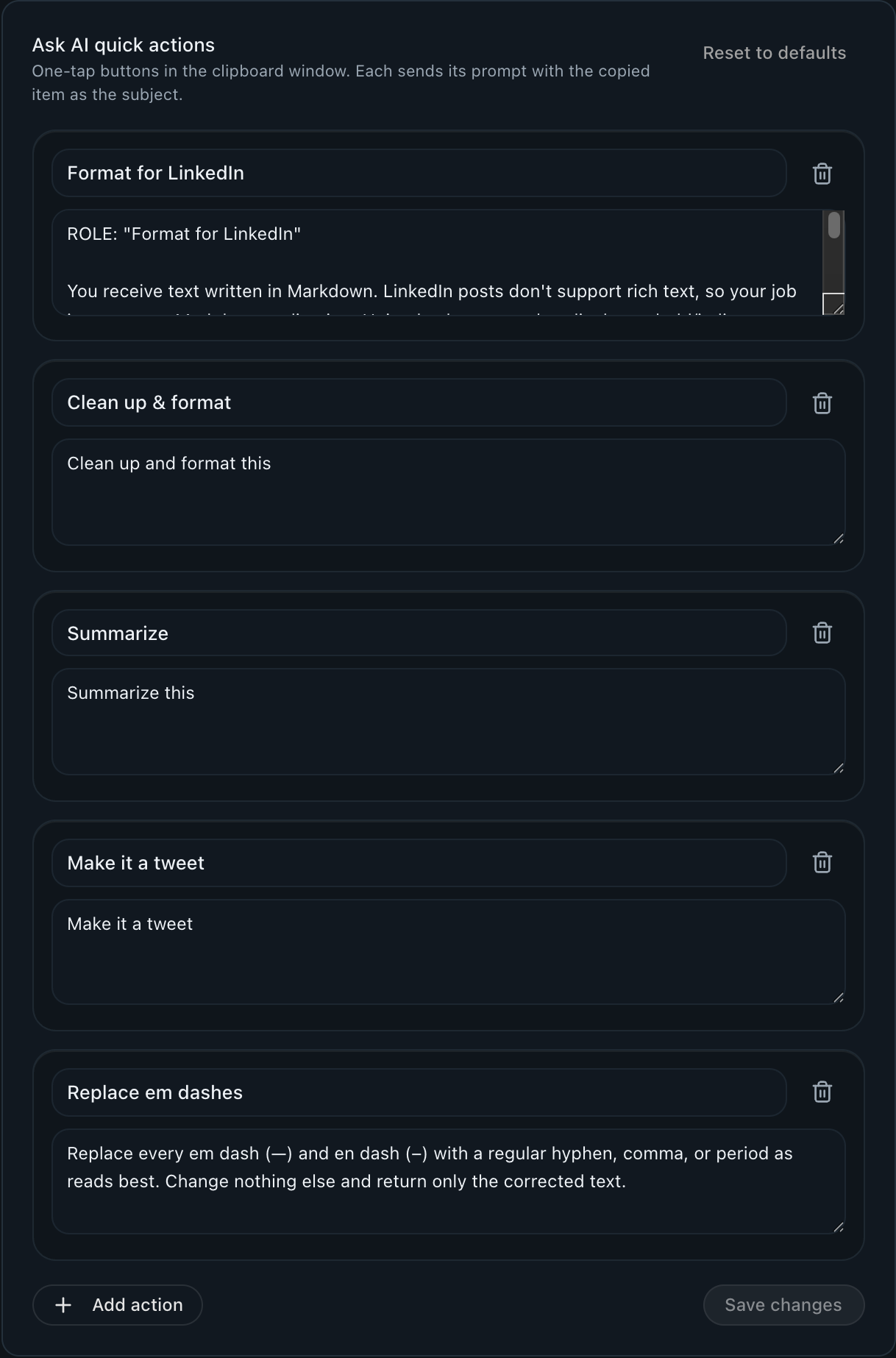 Routines Settings, Clipboard, Ask AI quick actions editor: each action has an editable label and prompt with a delete button, plus Reset to defaults, Add action, and Save changes controls