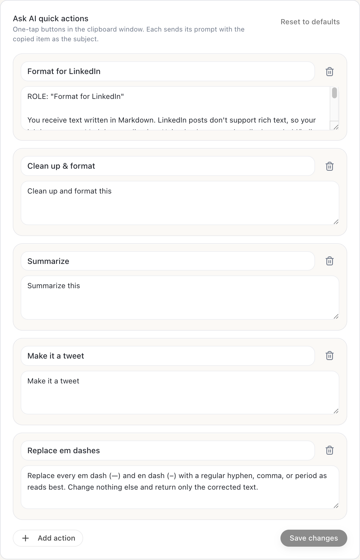 Routines Settings, Clipboard, Ask AI quick actions editor: each action has an editable label and prompt with a delete button, plus Reset to defaults, Add action, and Save changes controls