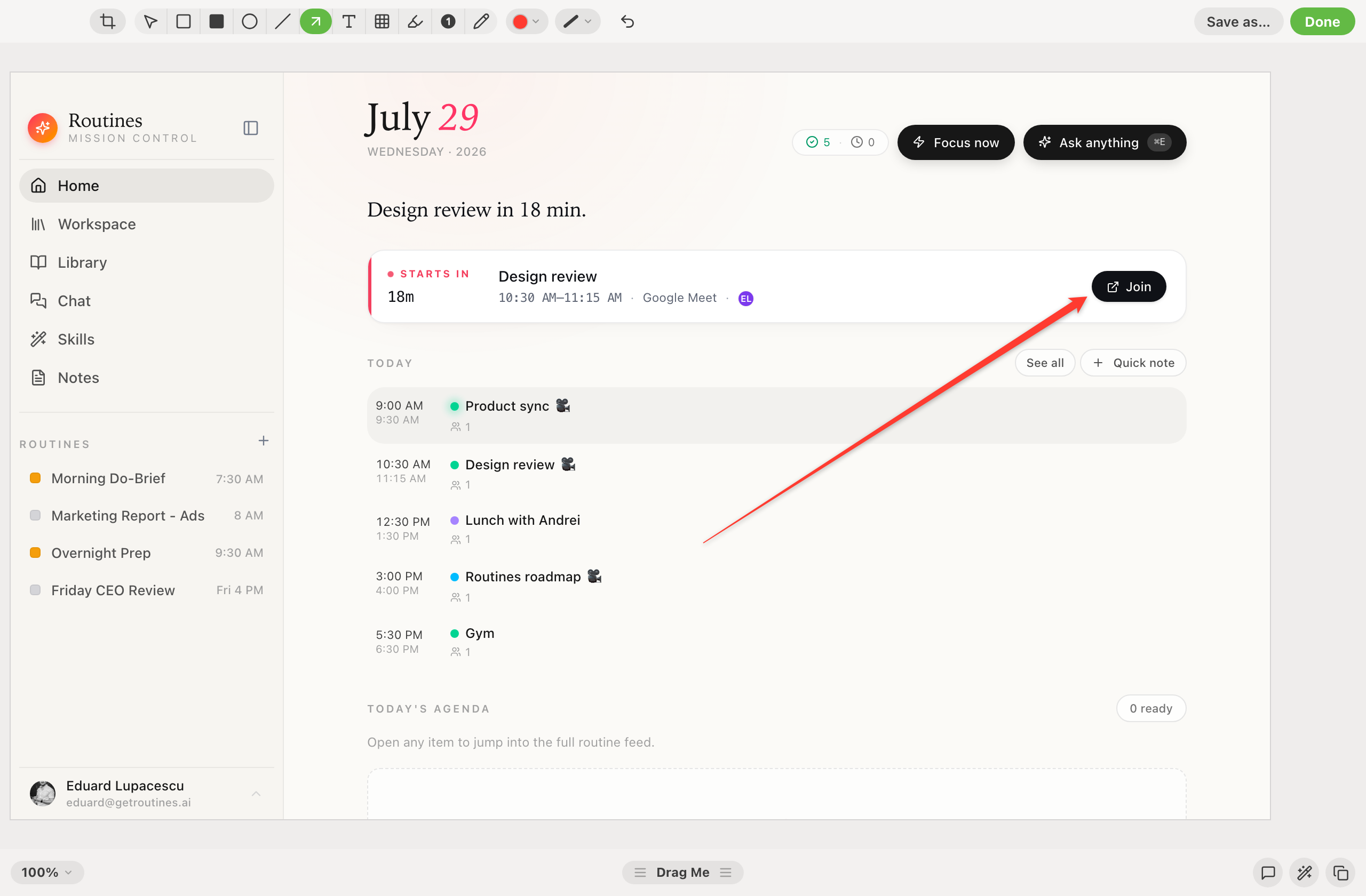 The Routines annotation editor with a captured screen, an arrow drawn in red pointing at a Join button, and the toolbar showing crop, select, rectangle, filled rectangle, ellipse, line, arrow, text, pixelate, highlight, step counter, and pencil