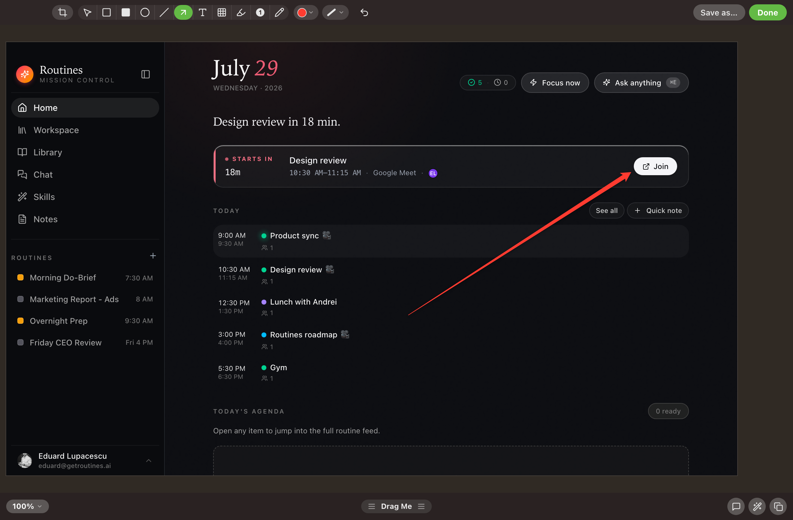 The Routines annotation editor with a captured screen, an arrow drawn in red pointing at a Join button, and the toolbar showing crop, select, rectangle, filled rectangle, ellipse, line, arrow, text, pixelate, highlight, step counter, and pencil