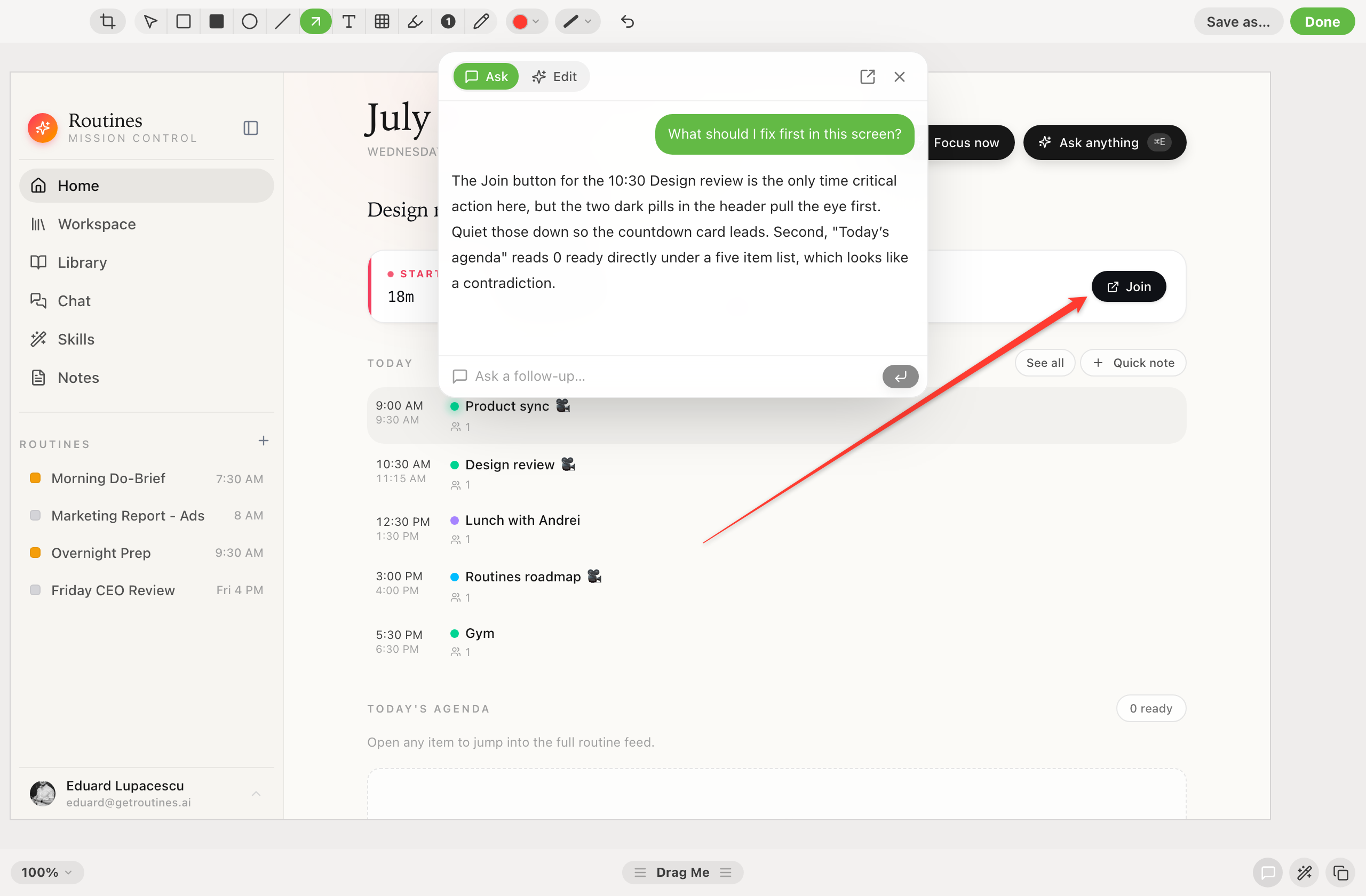 The Ask panel open over a capture in the Routines annotation editor, with the question what should I fix first in this screen and an answer that names the Join button and the agenda counter it read in the image