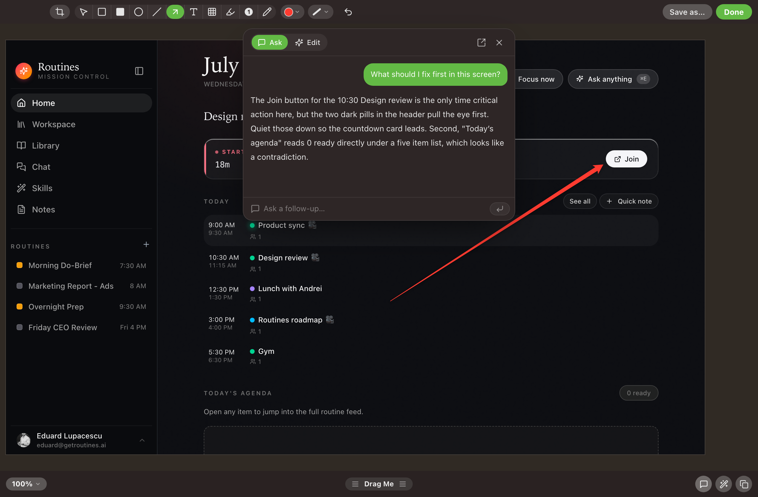 The Ask panel open over a capture in the Routines annotation editor, with the question what should I fix first in this screen and an answer that names the Join button and the agenda counter it read in the image