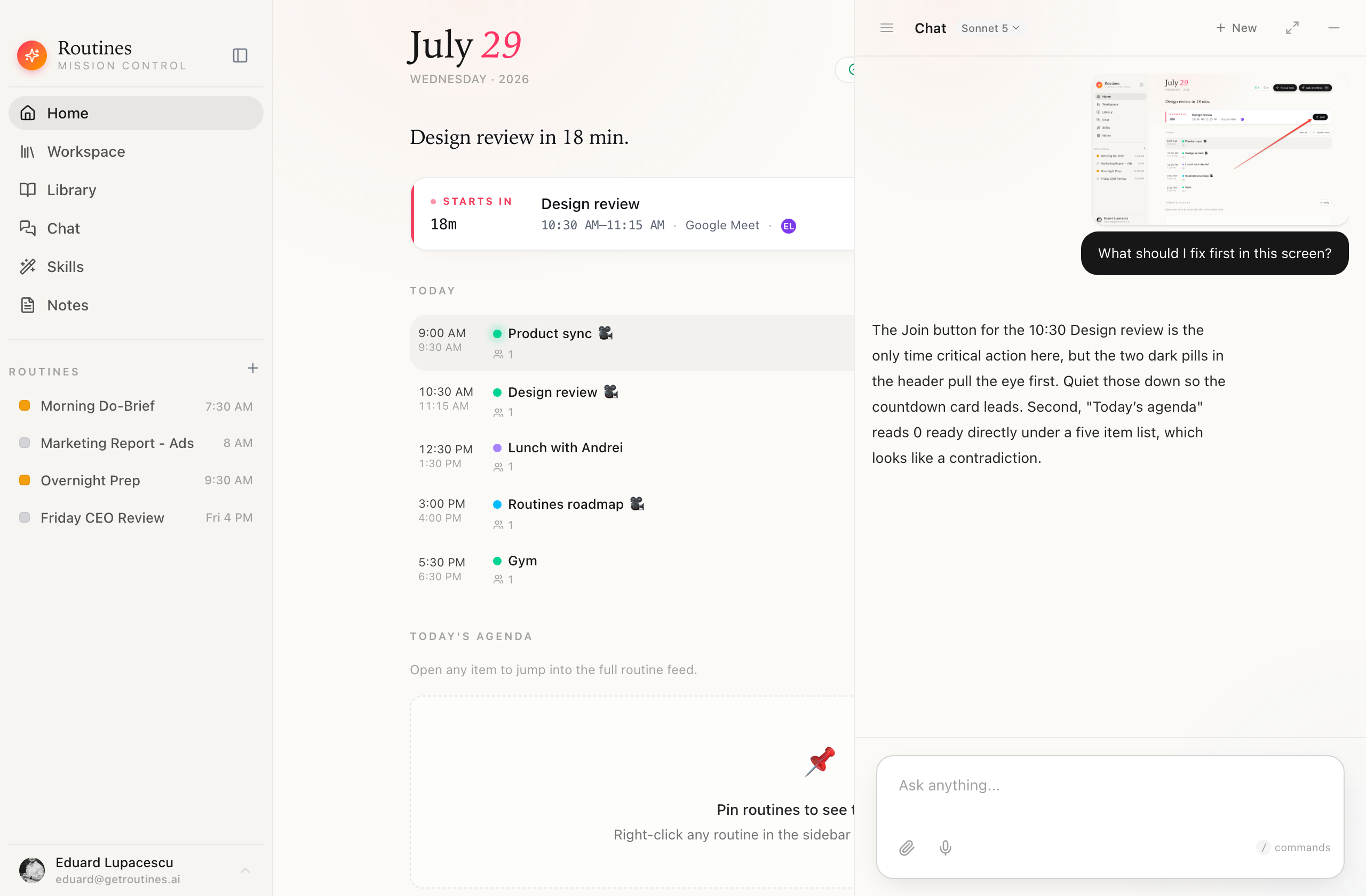 The Routines main window with the screenshot conversation continued in the chat panel, the captured image attached above the question and the model's answer below it