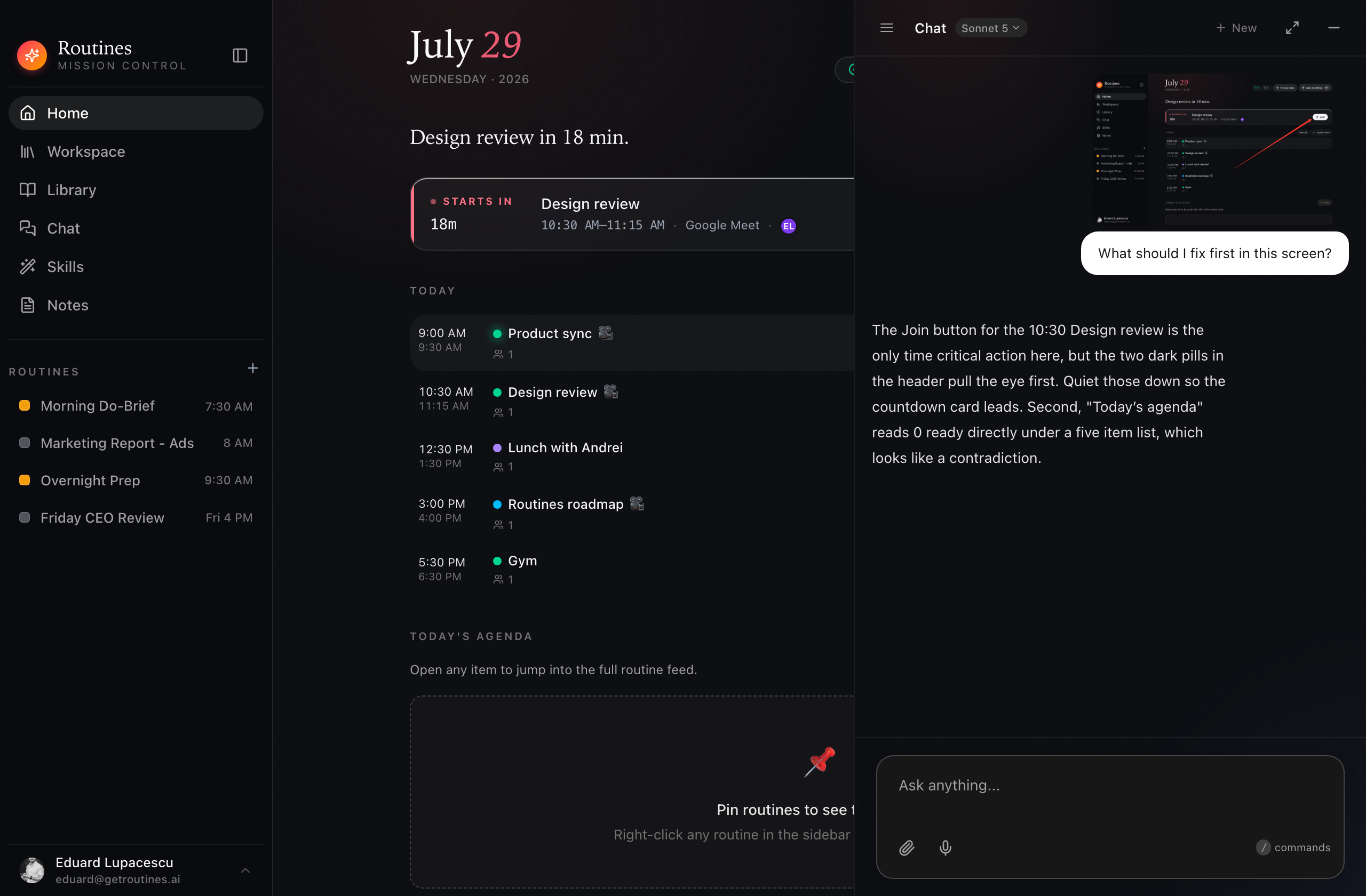 The Routines main window with the screenshot conversation continued in the chat panel, the captured image attached above the question and the model's answer below it