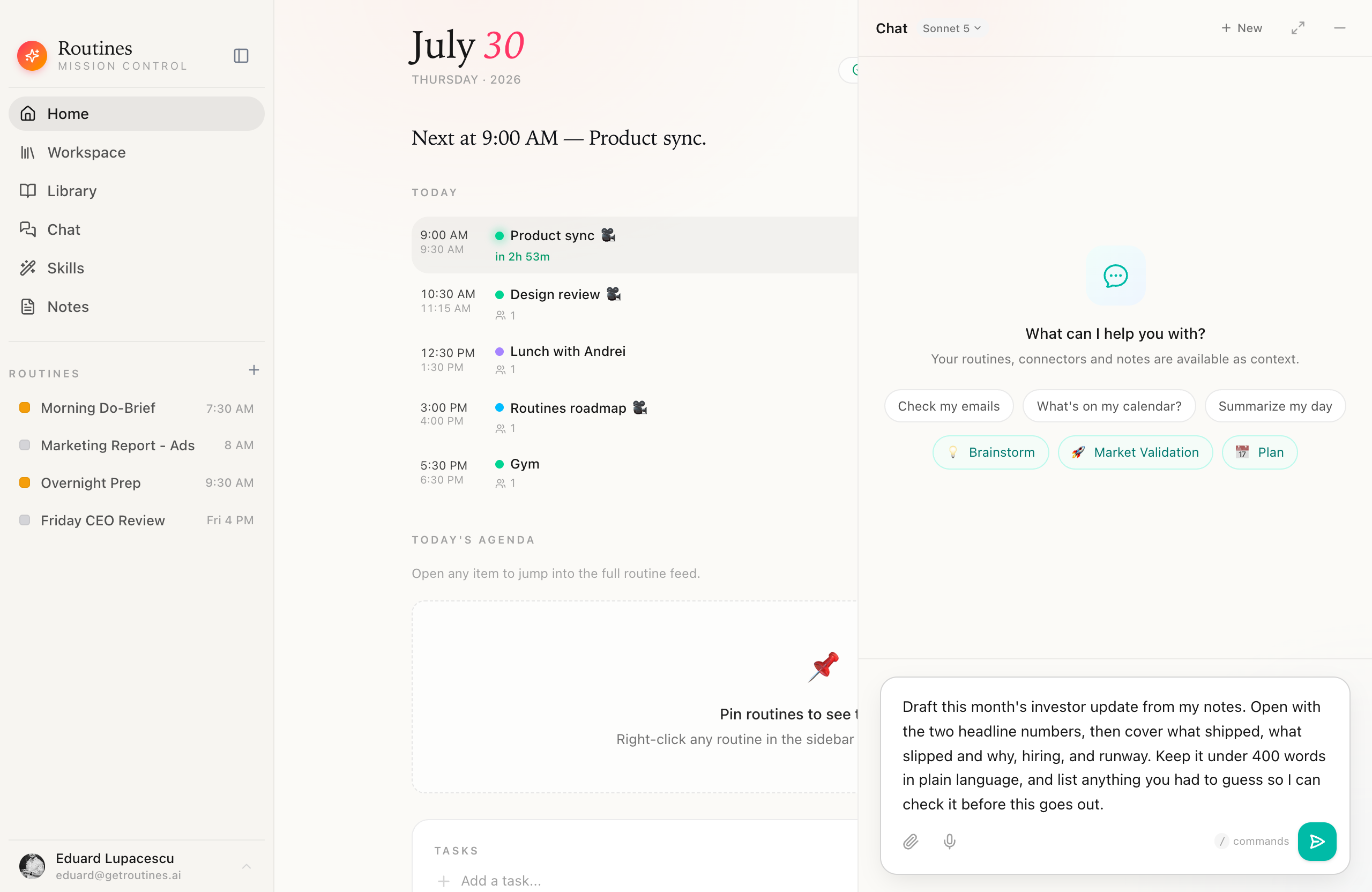 The Routines app with the Home view on the left and the chat panel open on the right, holding a drafted investor-update prompt in the composer with the send button not yet pressed