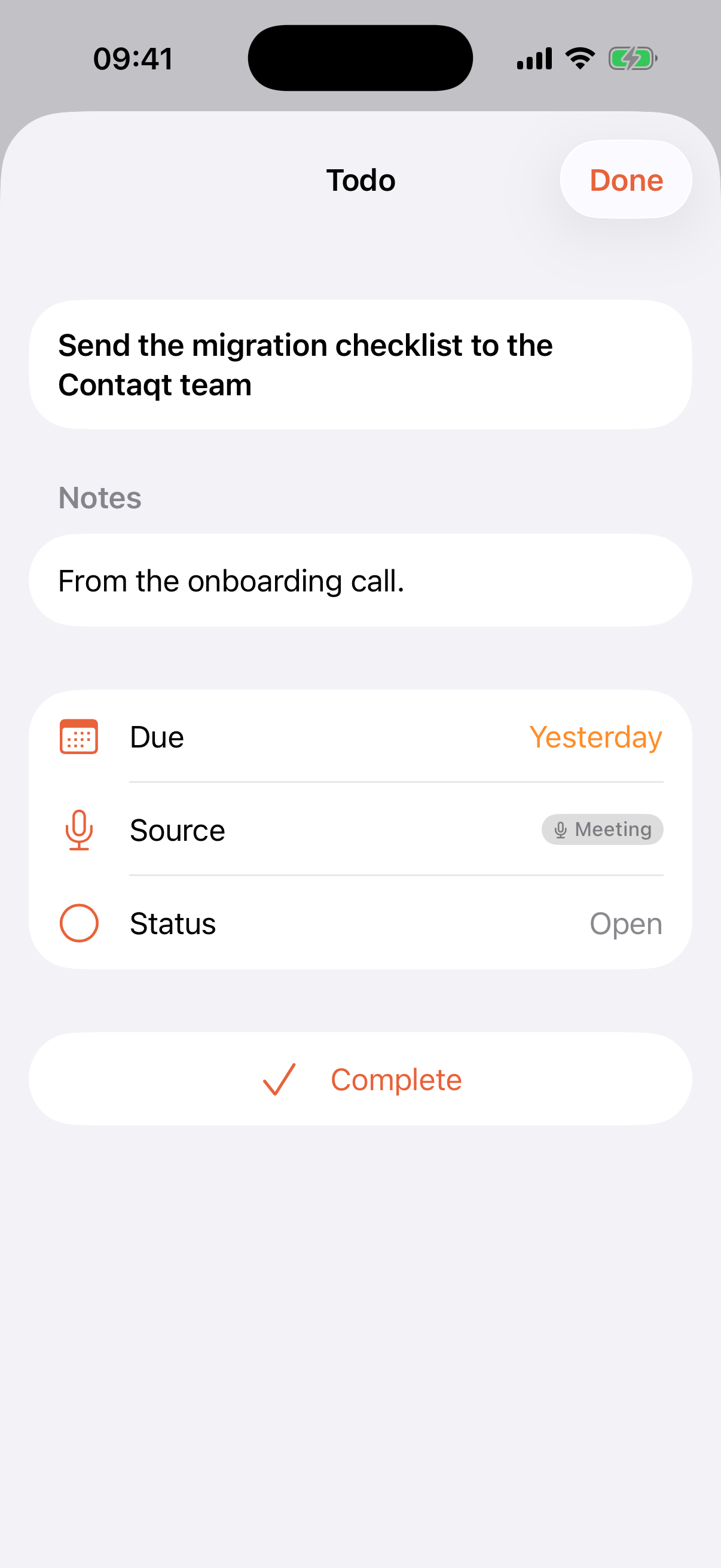 A to-do open in the Routines iPhone app showing the title, a Notes field reading from the onboarding call, Due yesterday, Source tagged Meeting, Status open, and a Complete button, with no prompt field