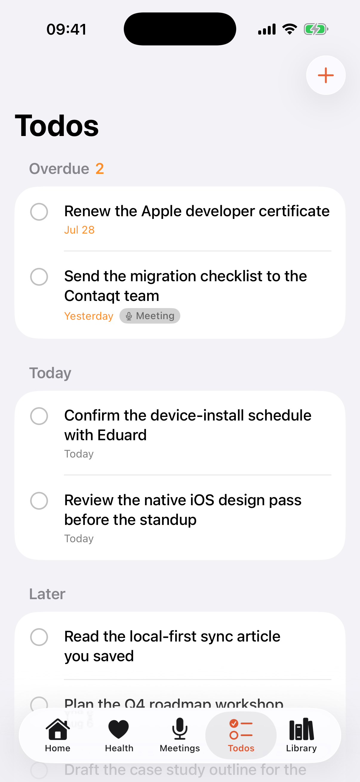 The Todos tab in the Routines iPhone app showing an Overdue group of two, a Today group, and a Later group, with one item tagged Meeting and a tab bar for Home, Health, Meetings, Todos, and Library