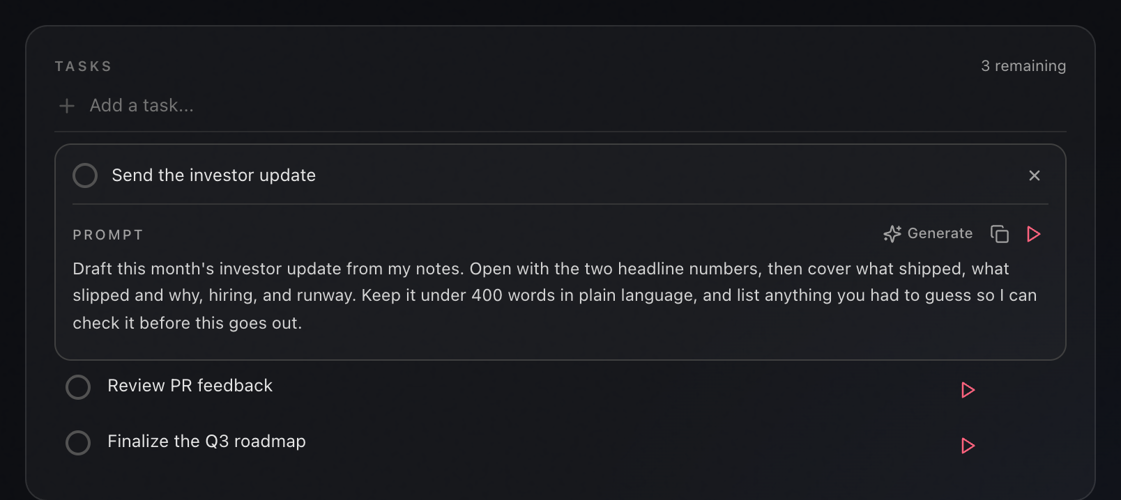 The Send the investor update task expanded in Routines with a drafted prompt asking for this month's update from the notes, opening with two headline numbers, then what shipped, what slipped and why, hiring and runway, under 400 words