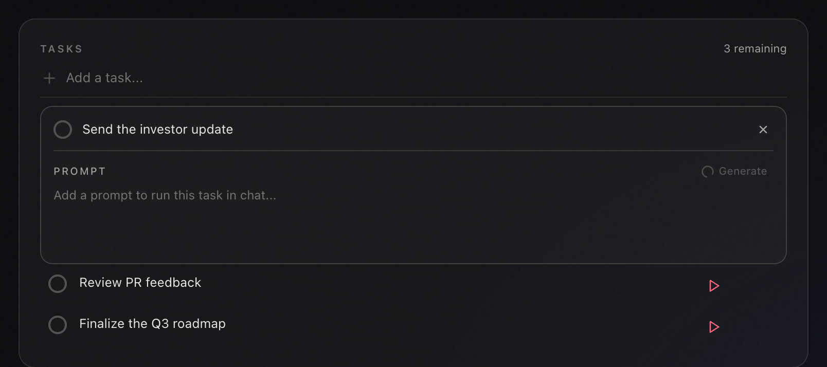 The Send the investor update task expanded in Routines with an empty prompt field reading add a prompt to run this task in chat, and a spinner on the Generate button