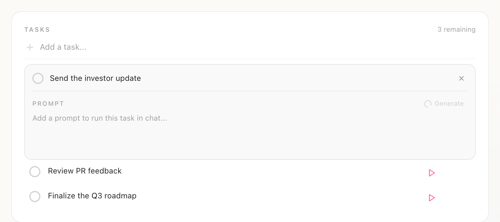 The Send the investor update task expanded in Routines with an empty prompt field reading add a prompt to run this task in chat, and a spinner on the Generate button