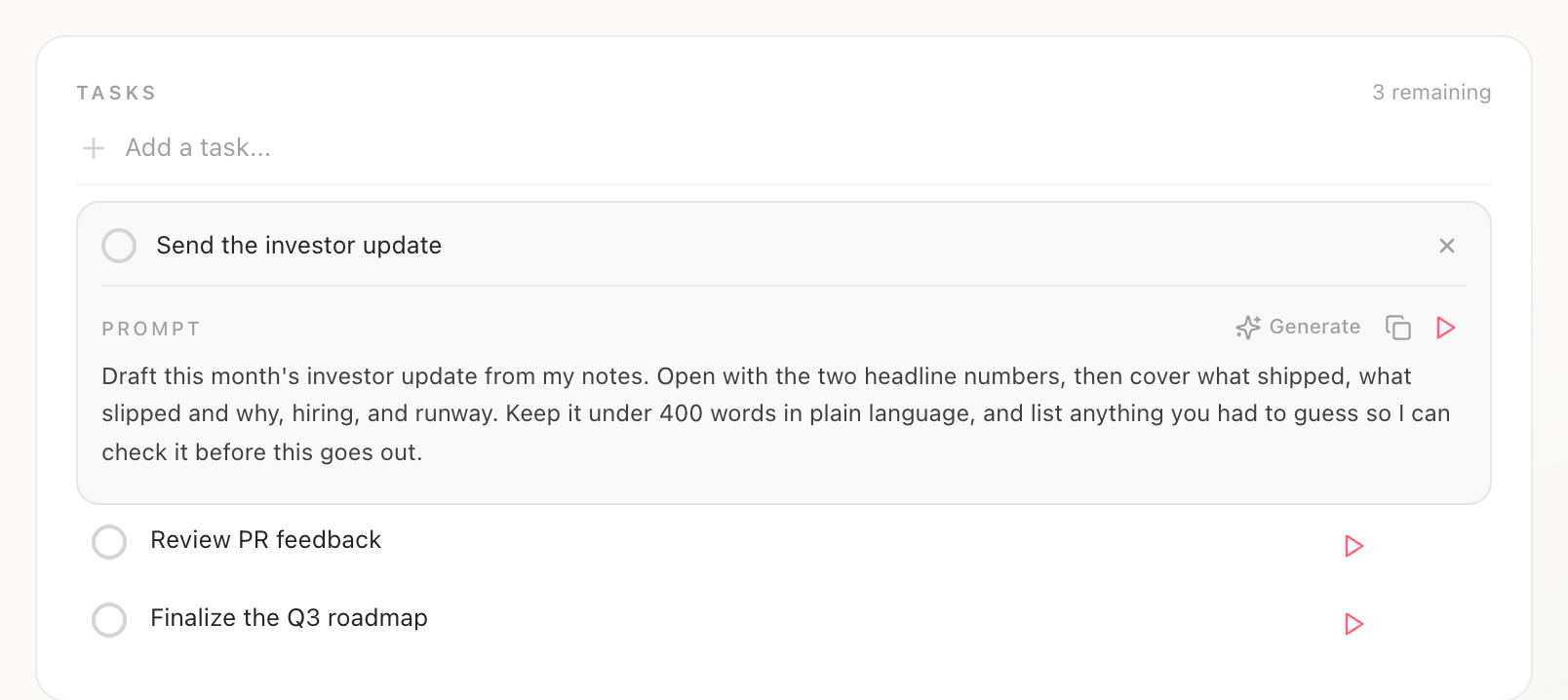 The Send the investor update task expanded in Routines with a drafted prompt asking for this month's update from the notes, opening with two headline numbers, then what shipped, what slipped and why, hiring and runway, under 400 words