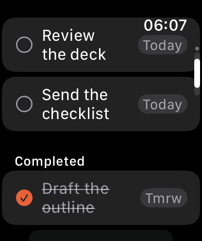 The Routines Apple Watch app listing two open to-dos due today with tap circles, and a Completed group below with one item struck through