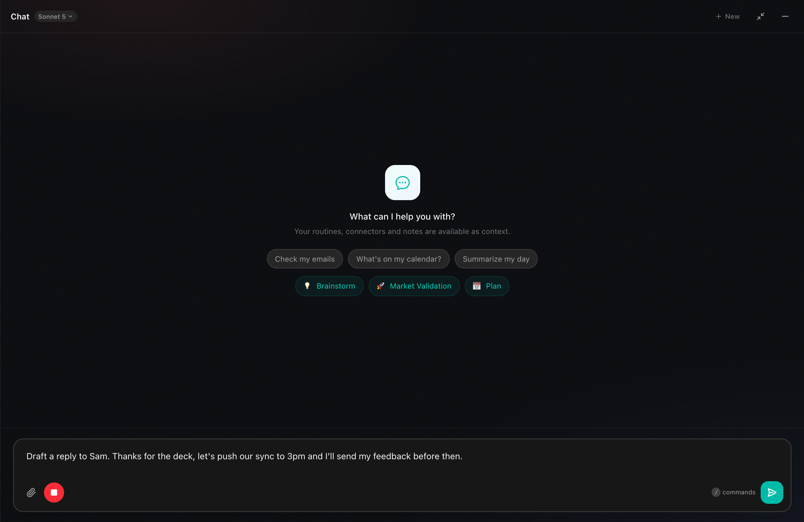 The Routines chat on Mac with live voice dictation streaming a spoken sentence into the message input while a red stop button shows it is recording