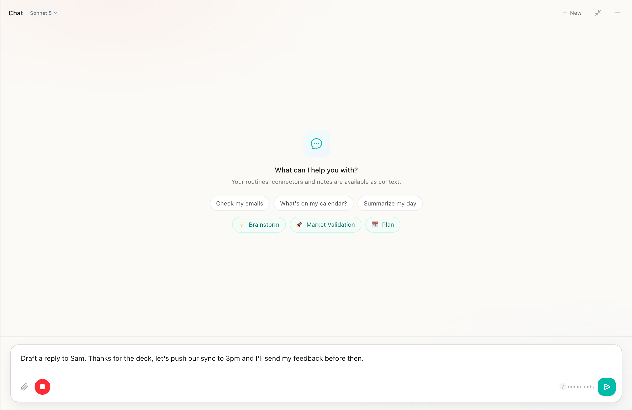 The Routines chat on Mac with live voice dictation streaming a spoken sentence into the message input while a red stop button shows it is recording