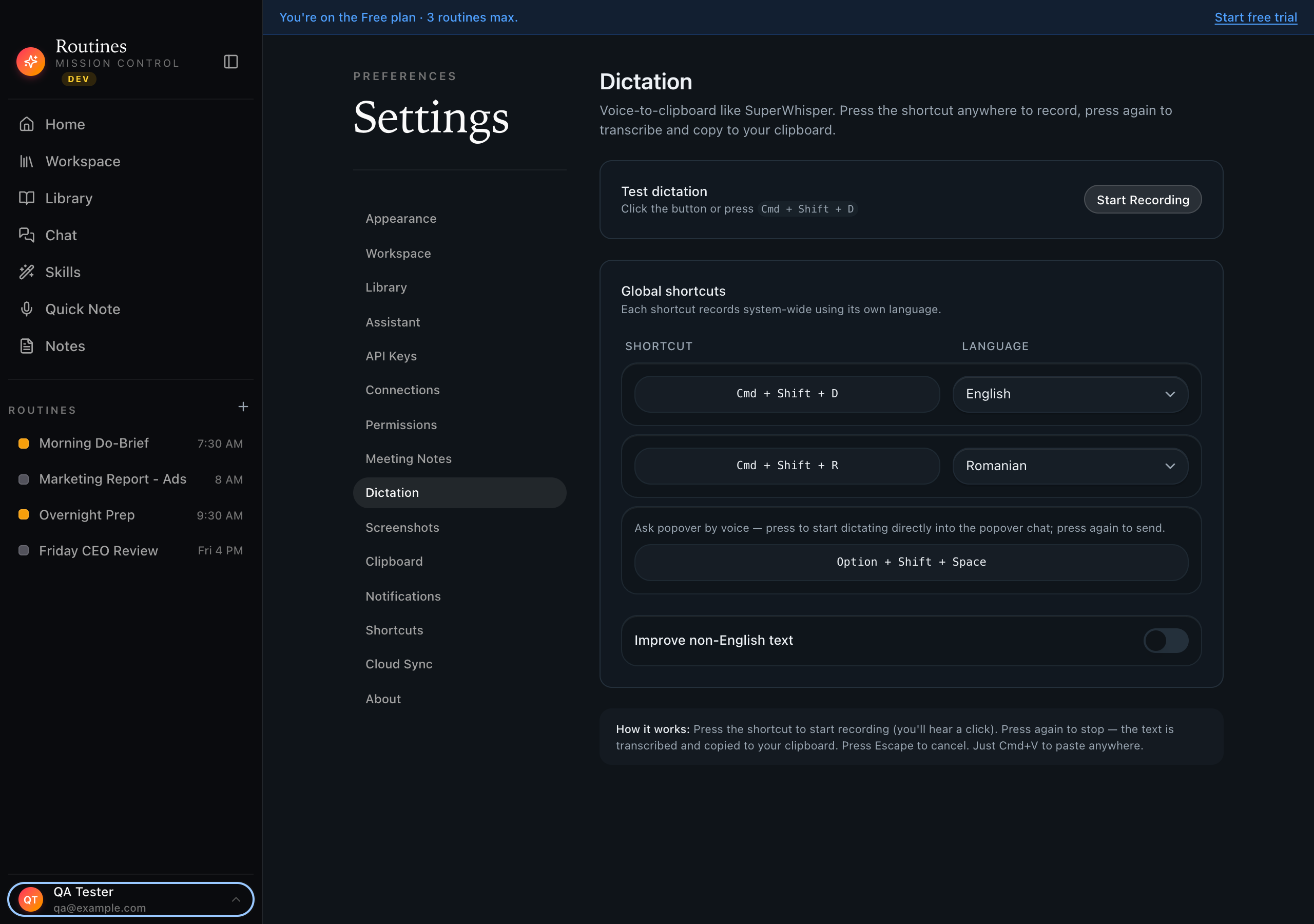 Routines dictation settings on Mac showing per-language global shortcuts for English and Romanian, a popover voice shortcut, an improve non-English text toggle, and a test dictation button
