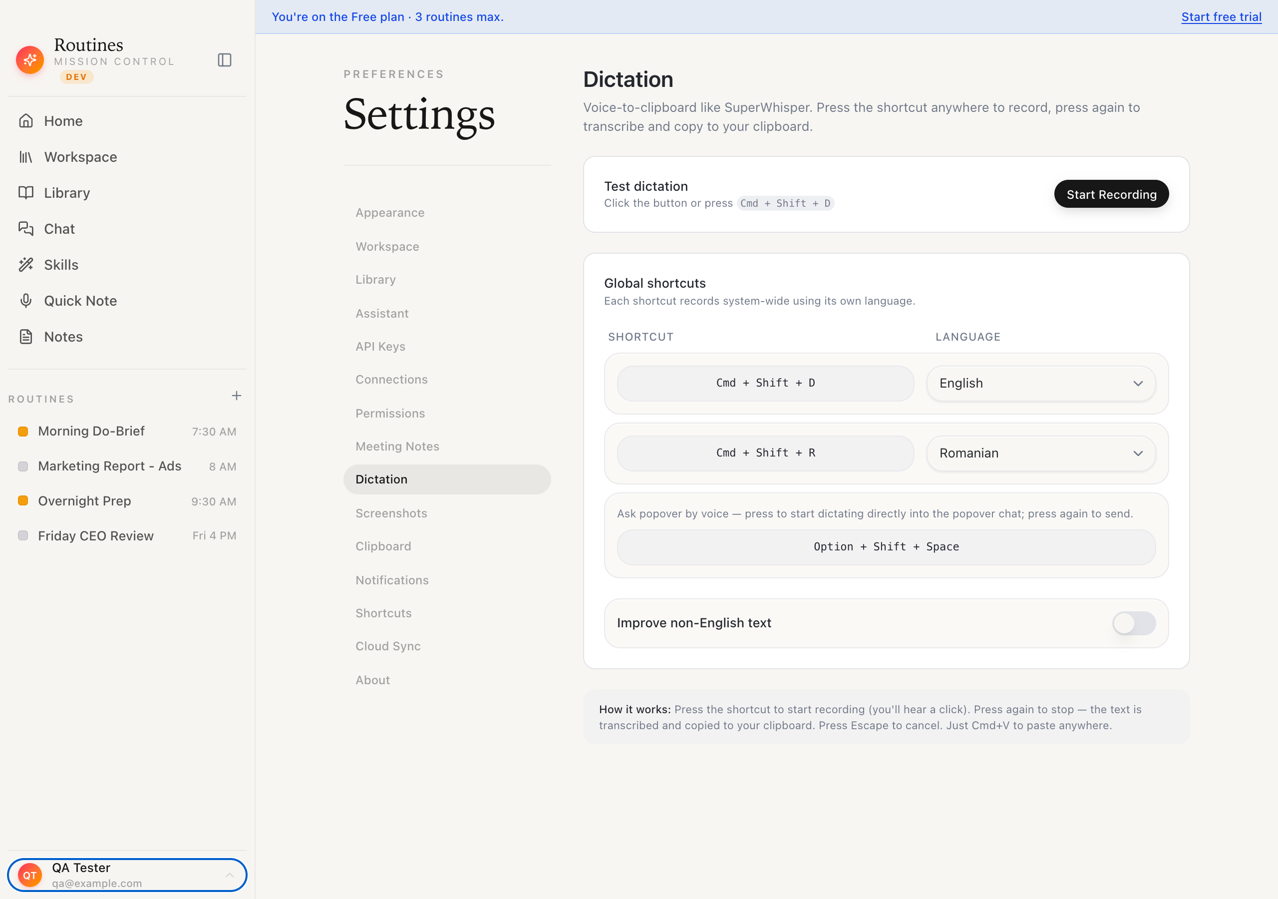 The Routines dictation settings on macOS with per-language global shortcuts for English and Romanian, a popover voice shortcut, an improve non-English text toggle, and a test dictation button