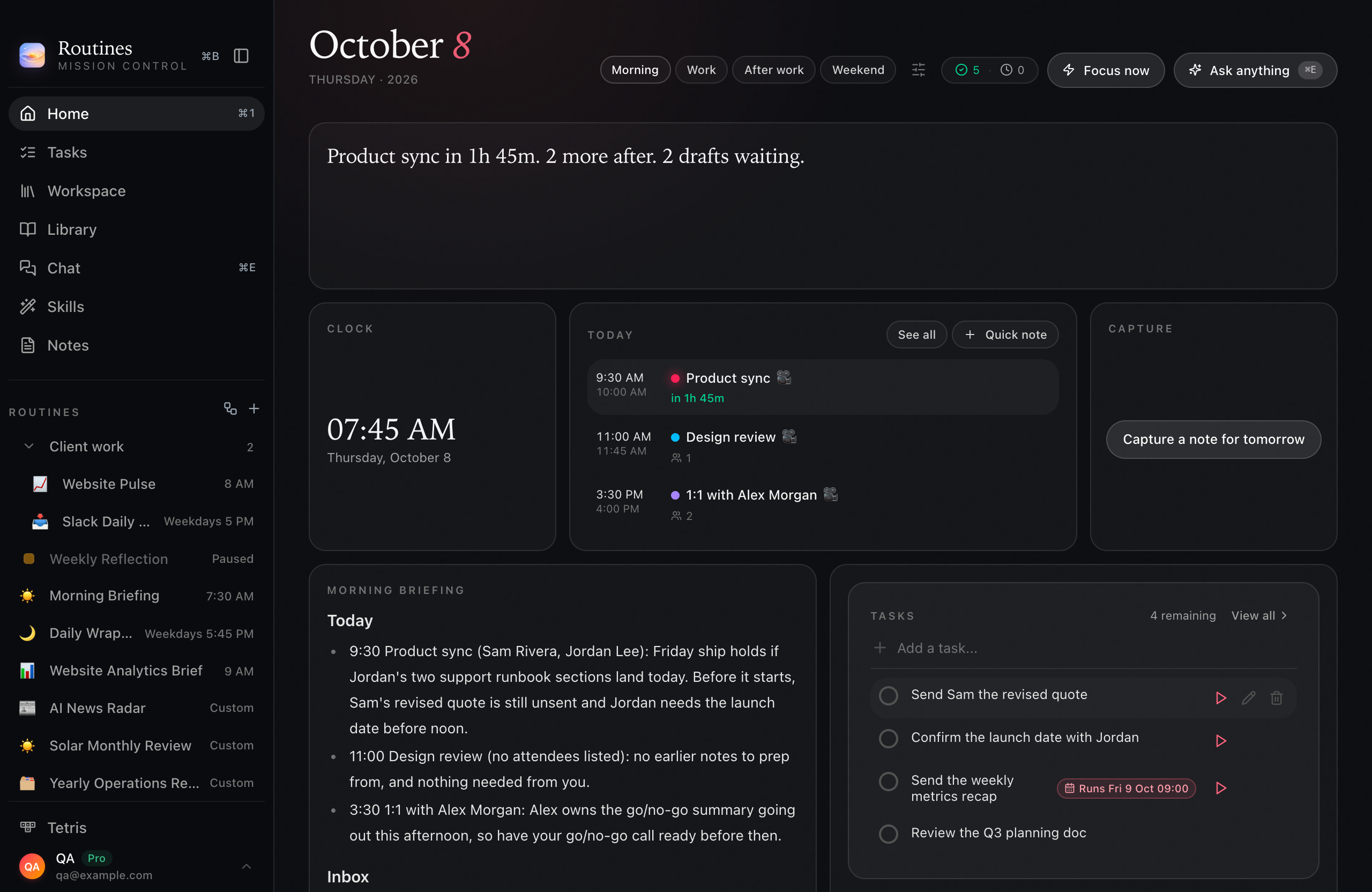 The same personal dashboard in dark mode: day briefing, clock, agenda, capture, the Morning Briefing routine output and the to-do list.