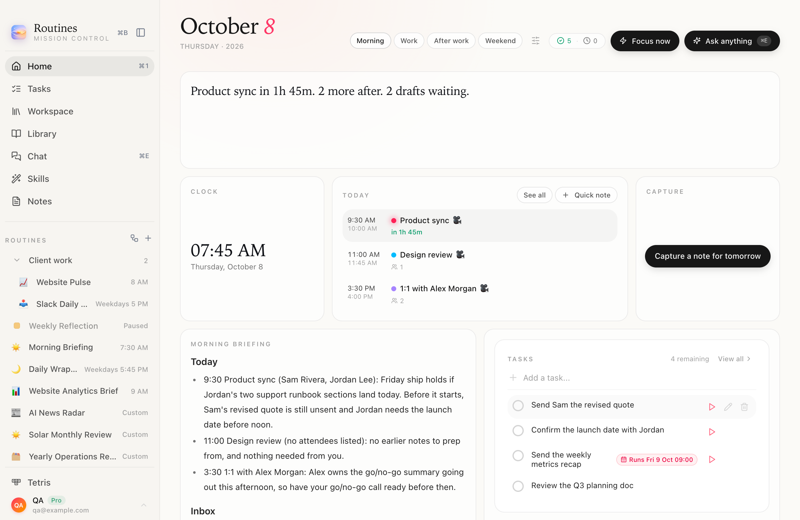 A personal dashboard on the Routines Home for Mac, Morning layout: a day briefing across the top, a clock, today’s agenda and a capture button, then the Morning Briefing routine output next to the to-do list.