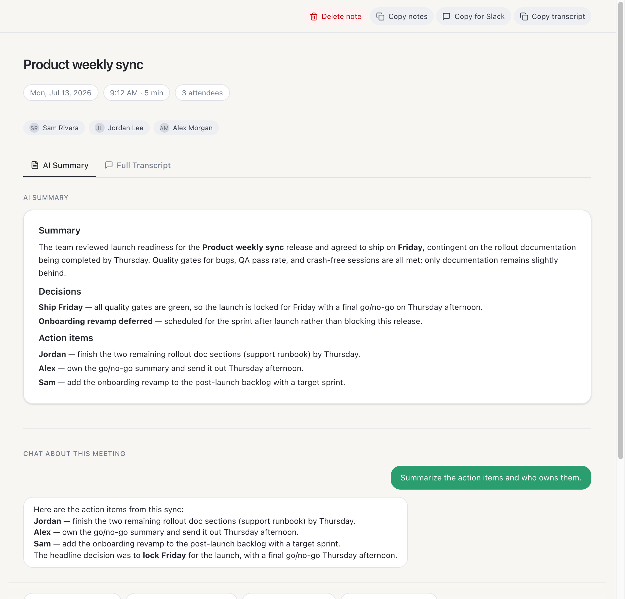 A recorded meeting in Routines titled Product weekly sync, with the AI Summary tab showing a summary, decisions and action items, and a chat about this meeting underneath answering a question about who owns the action items.