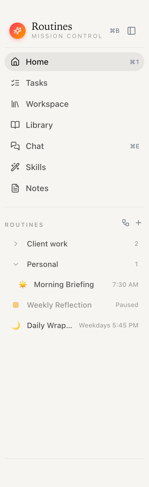 The Routines sidebar in Routines 1.0, with the Routines section organized into groups: Client work collapsed with a count of two, Personal expanded showing the Morning Briefing routine, and two ungrouped routines below.