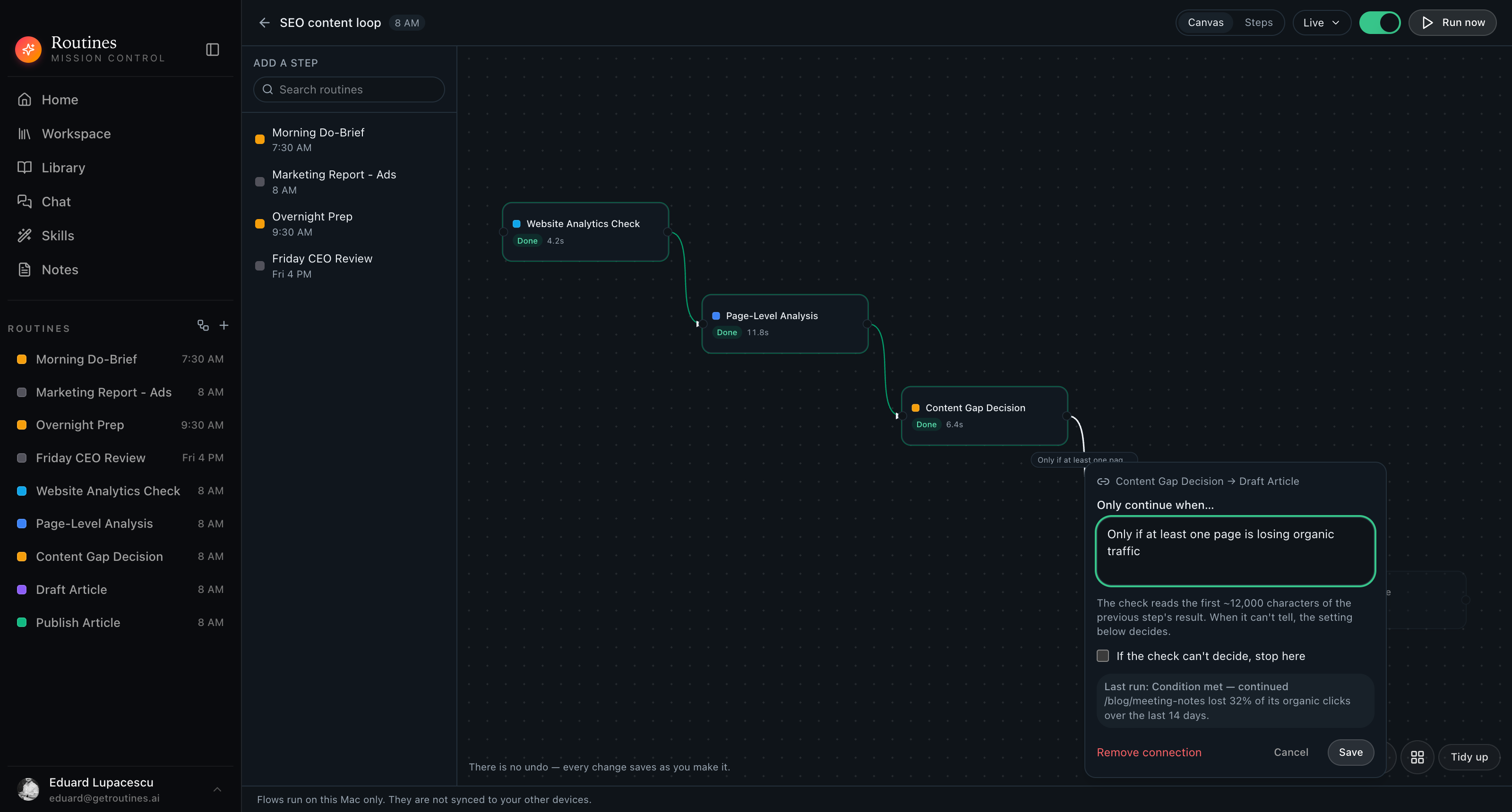 The same flow connection editor in dark mode, showing a plain-English condition typed on the connection instead of an expression.