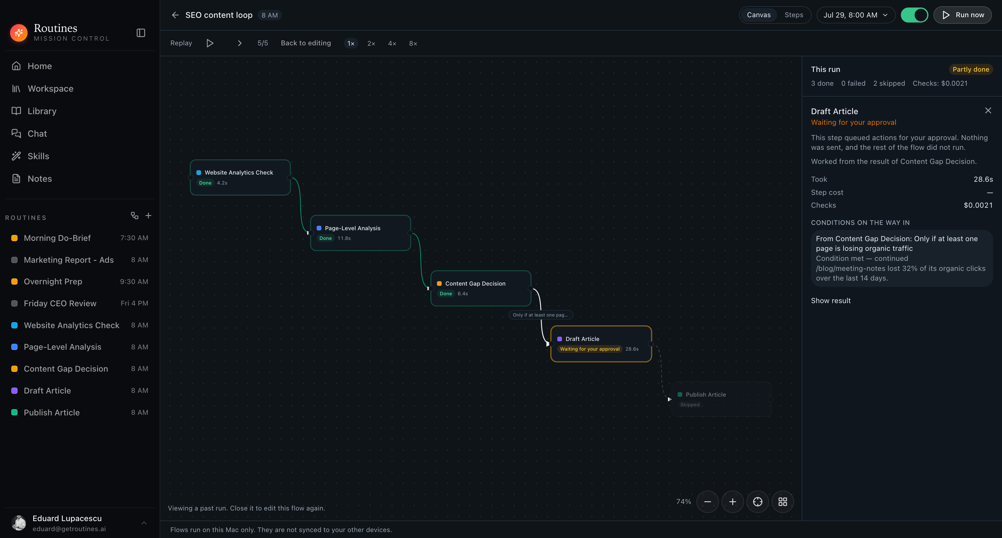 Routines in dark mode explaining why a flow step ran: the condition, the verdict “Condition met — continued”, and the model’s reason naming the page that lost 32% of its organic clicks.