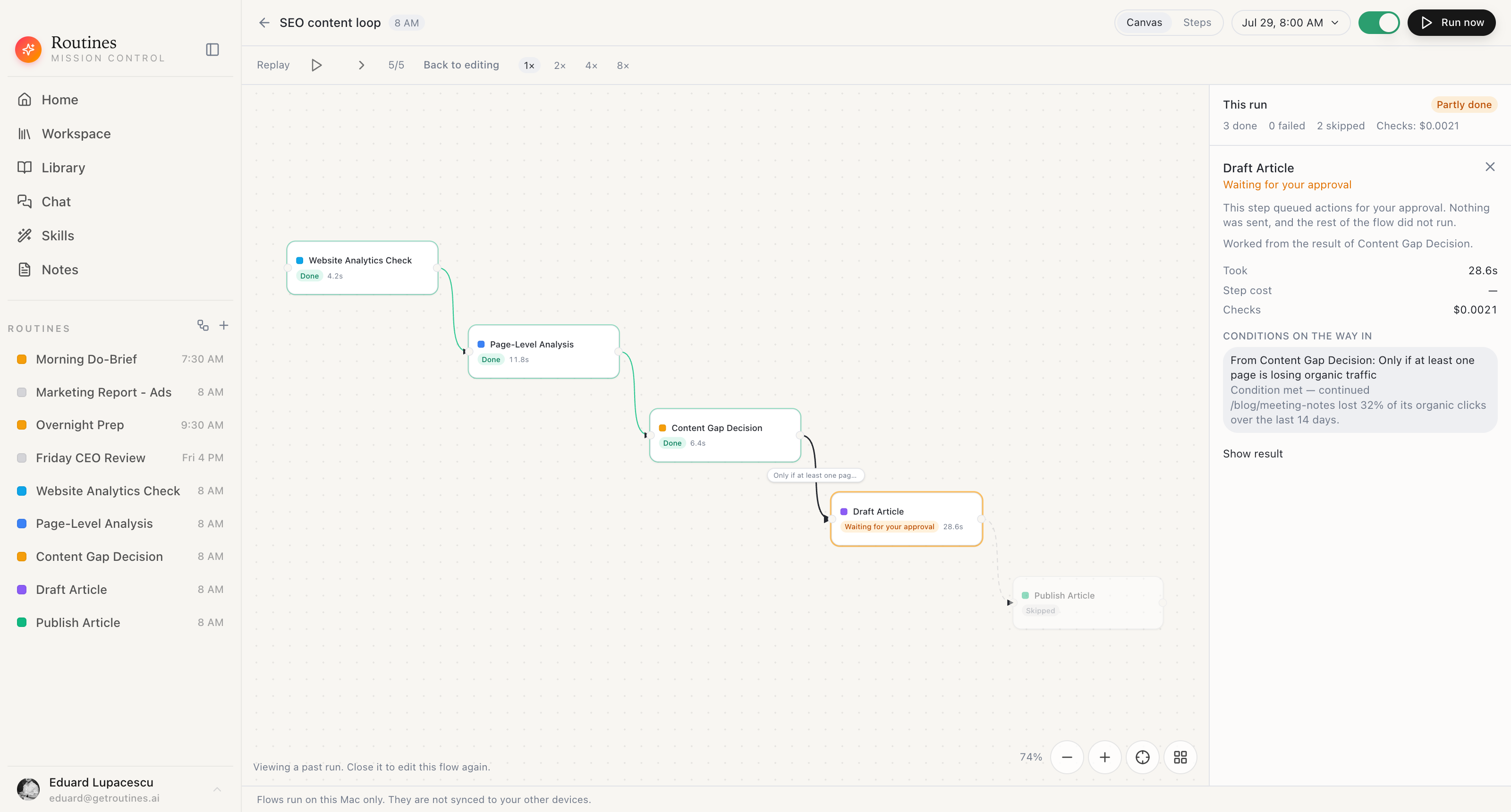 Routines explaining why a flow step ran: the plain-language condition “Only if at least one page is losing organic traffic”, the verdict “Condition met — continued”, and the model’s one-sentence reason naming the page that lost 32% of its organic clicks.