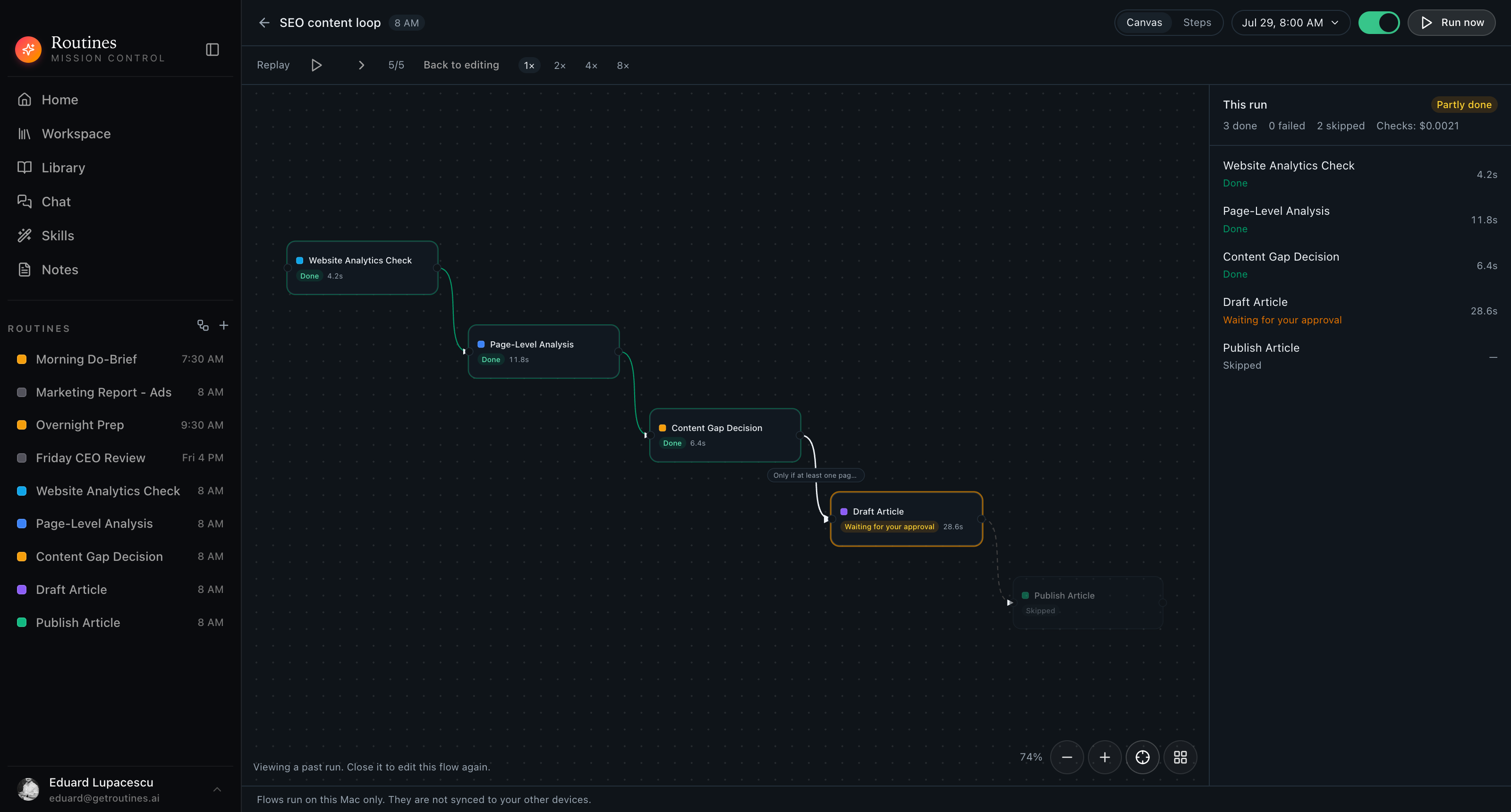 The same flow run replayed in dark mode, showing per-step status and duration alongside the total cost of the condition checks for that run.