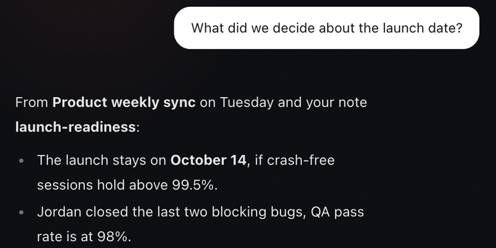 Routines chat answering a question about a launch date, citing a meeting and a note from memory.