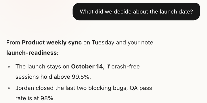 Routines chat answering a question about a launch date, citing a meeting and a note from memory.
