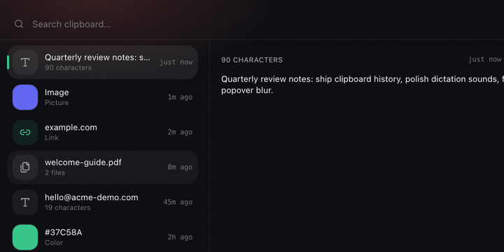 Routines' clipboard history: a searchable list of recent copies, including text, an image, a link, a PDF and a color.