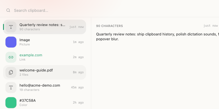 Routines' clipboard history: a searchable list of recent copies, including text, an image, a link, a PDF and a color.