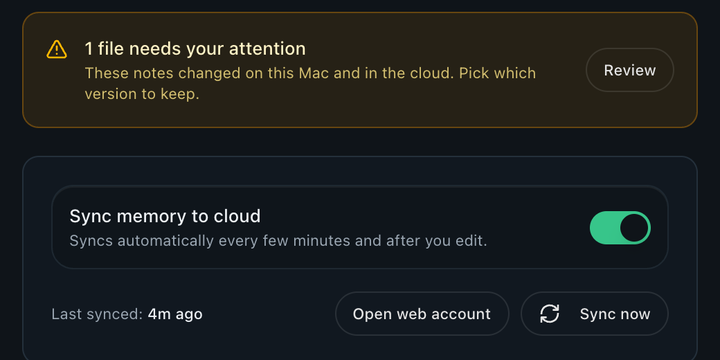 Routines Cloud Sync: syncing on, and a file changed on two Macs waits for you to pick a version.