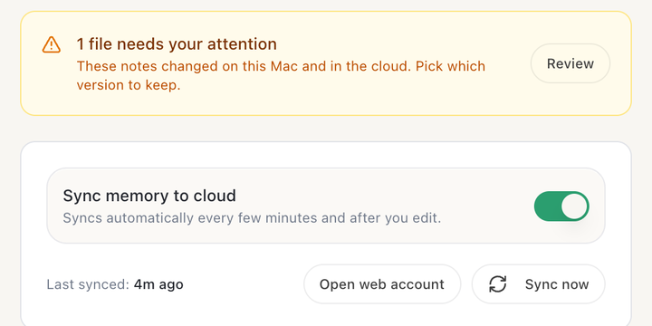 Routines Cloud Sync: syncing on, and a file changed on two Macs waits for you to pick a version.