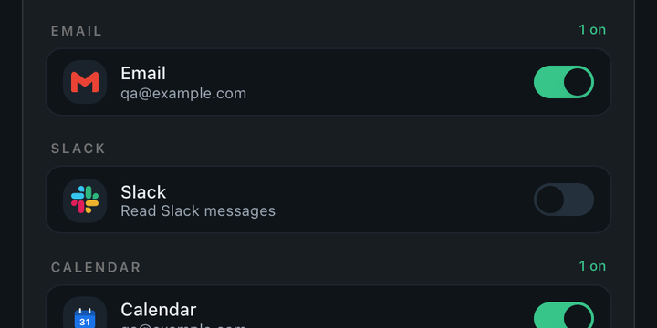 A routine's tools and connections in Routines: Gmail and Google Calendar switched on, Slack off.