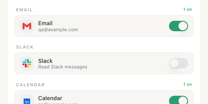 A routine's tools and connections in Routines: Gmail and Google Calendar switched on, Slack off.