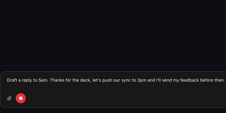 Voice dictation in Routines: a spoken message typed into the chat box, with the red stop-recording button.