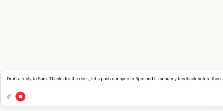 Voice dictation in Routines: a spoken message typed into the chat box, with the red stop-recording button.