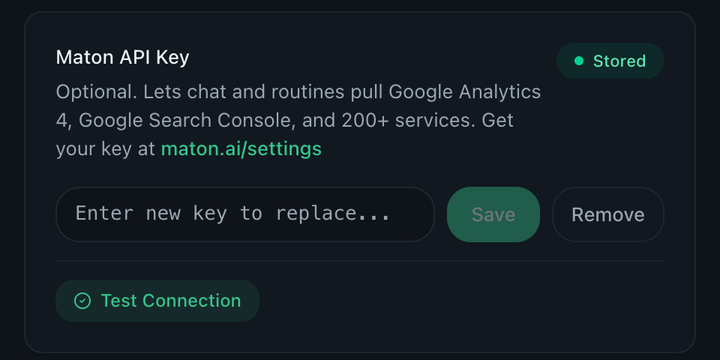 Routines settings: the Maton key that lets chat pull Google Analytics 4, Search Console and 200+ services.