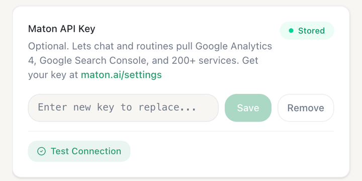 Routines settings: the Maton key that lets chat pull Google Analytics 4, Search Console and 200+ services.