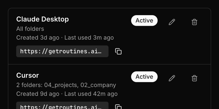 Routines MCP connections: Claude Desktop with all folders and Cursor limited to two folders, both active.