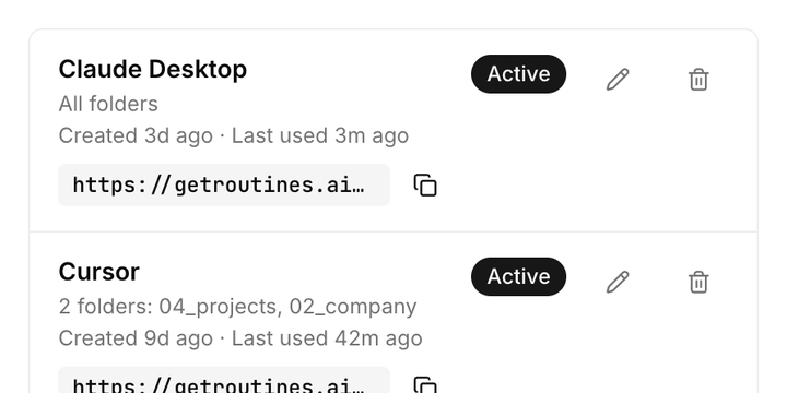 Routines MCP connections: Claude Desktop with all folders and Cursor limited to two folders, both active.