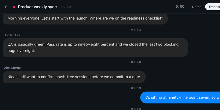 Routines recording a meeting: the live transcript of a product sync, with the red recording dot in the header.